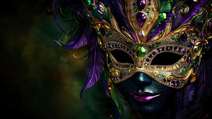 Mardi Gras celebration excitement concept. A colorful masquerade mask adorned with jewels and feathers, set against a dark background, conveying a sense of mystery and elegance.