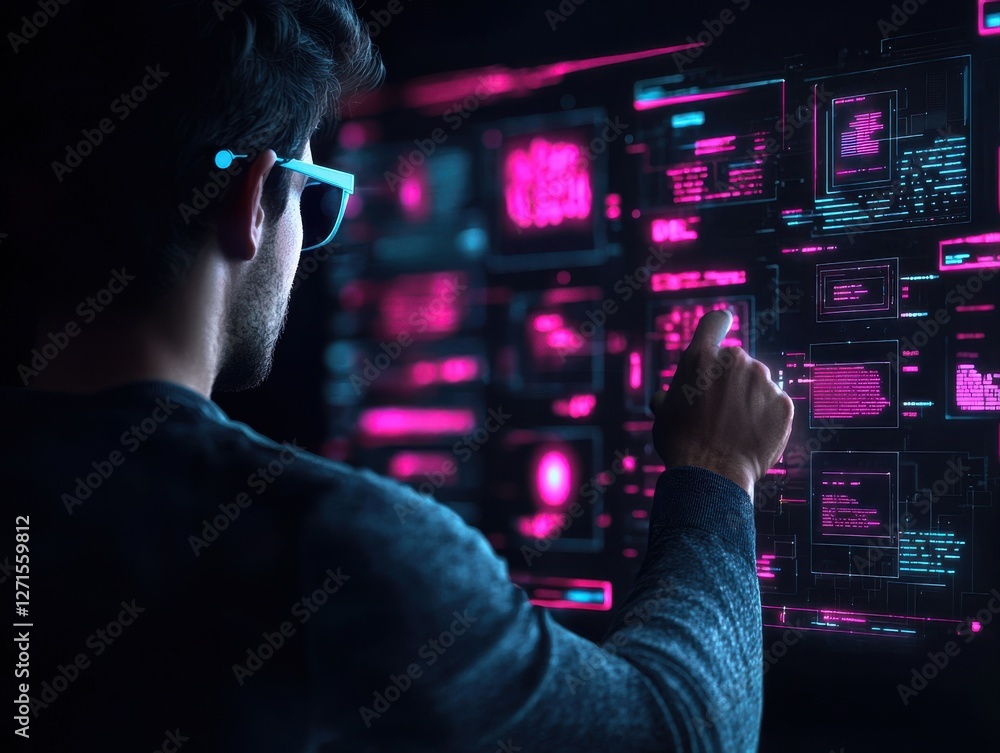 Poster a person interacts with a futuristic digital interface, surrounded by glowing data visualizations in