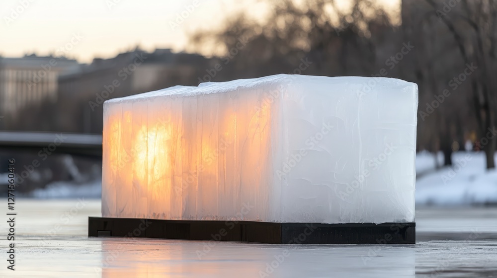 Poster illuminated ice block on frozen river at sunset creating a unique natural art installation in winter