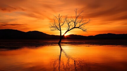 Silhouette of a Leafless Tree in Orange Sunset Over Water