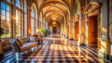 Fototapeta premium Aerial View: Modern Palace Corridor - Classic Elegance Meets Contemporary Design