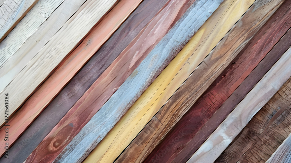 Poster close-up view of various wooden planks arranged in a colorful pattern, showcasing texture and grain