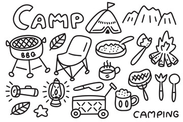 camping cartoon line doodle cute hand drawing outline coloring
