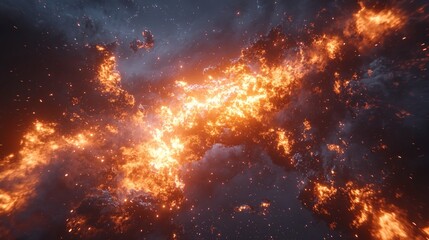 Fototapeta premium Cosmic energy erupts from singularity creating universe. Waves of light and swirling dust scatter across space showcasing beauty of creation amidst vibrant colors.