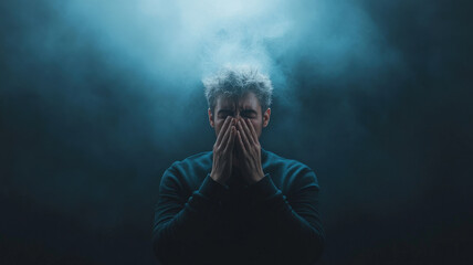 Man sneezing. Pollen allergy, runny nose during Spring