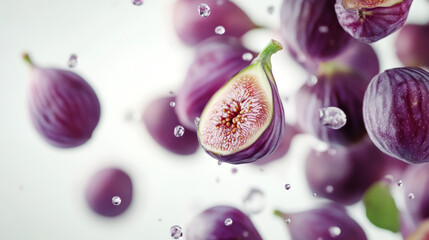 Fresh purple figs with water droplets in motion creating a dynamic and vibrant food concept