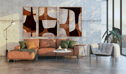 Large luxury modern bright interiors Living room mockup illustration 3D rendering image