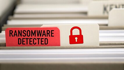 A labeled folder indicates "Ransomware Detected" with a padlock icon, suggesting a cybersecurity issue or data breach.