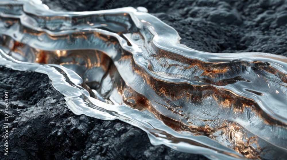Aufkleber a stunning visual displays a stream of fluid metal flowing through rugged rock terrain, creating a c