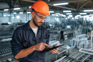 Black colored tablet in hands. Man is working in the modern factory