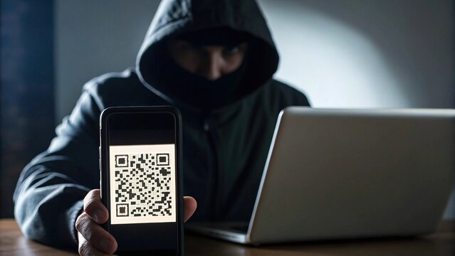 Strong authentication prevents ransomware and cybersecurity threats. A hooded figure holds a smartphone displaying a QR code while sitting in front of a laptop