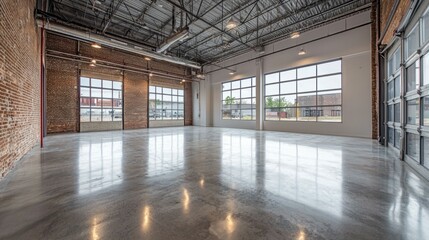 Fototapeta premium Spacious Industrial Loft with Large Windows and Polished Concrete Floor