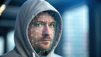 Strong authentication prevents ransomware and cybersecurity threats. A man in a hoodie with a digital facial recognition overlay, representing technology and identity analysis in a modern setting.