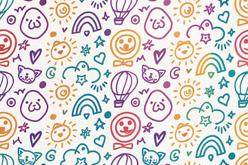Childlike doodle pattern of sun, clouds, rainbows, animals, and balloons on white background