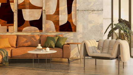 Large luxury modern bright interiors Living room mockup illustration 3D rendering image