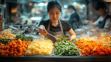 Fototapeta premium Young woman chef preparing food at a bustling night market food stall.