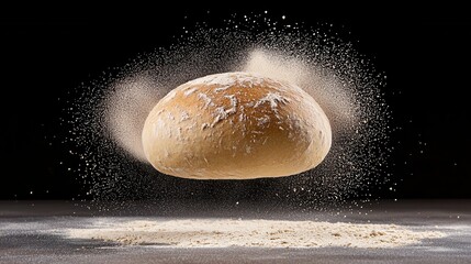 Flour Dust and Rising Bread Dough in Air on Dark Background