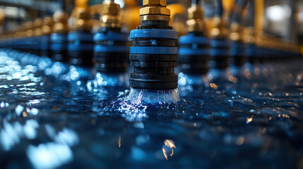 Close up photography of water filtration system with valves and pipes, showcasing flow of clean water. image captures intricate details of filtration process