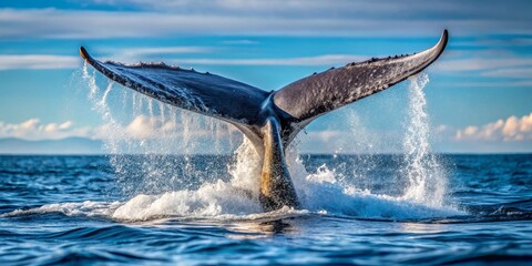 Fototapeta premium Majestic Whale Tail Flukes Emerging from Ocean Waters, Creating a Spectacular Display of Aquatic Power and Grace
