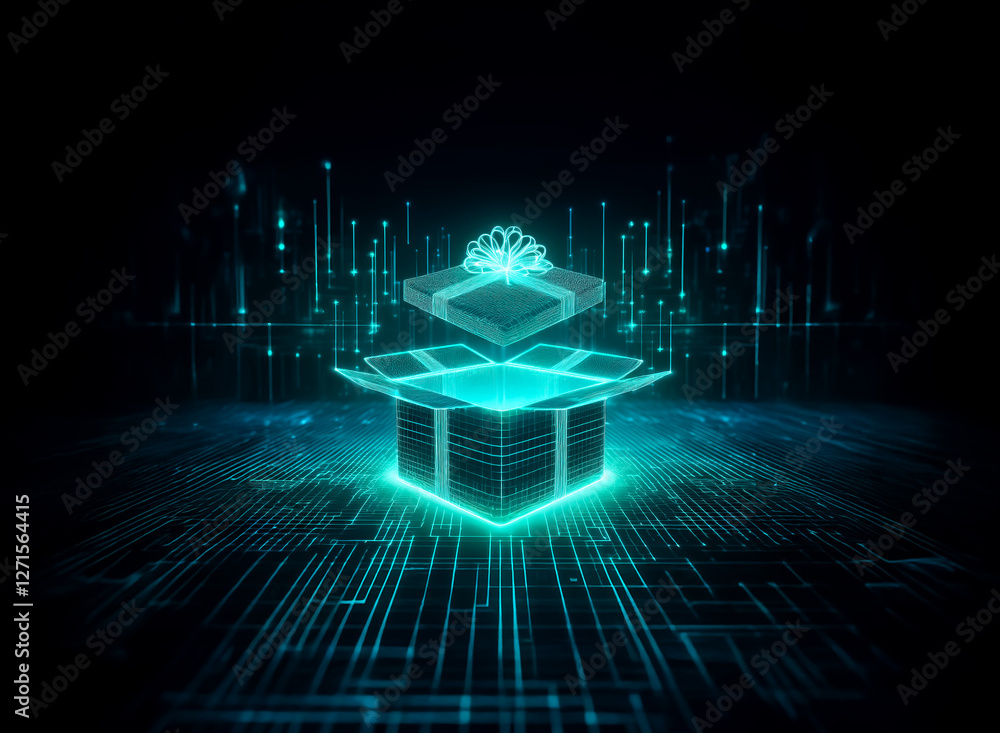 Poster glowing cyan gift box with ribbon on a dark digital background with lines and particles, creating a 
