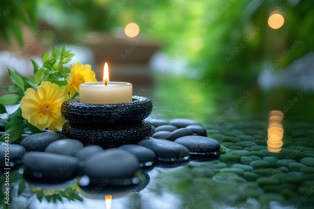 Poster Serenity and tranquility captured in a calming spa setting with candle and flowers at dusk