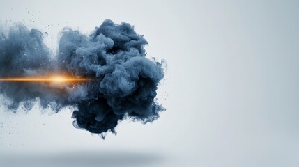 Dark Smoke Cloud Emitting Bright Light Beam on a Soft Gray Background for Abstract Art and Design Concepts
