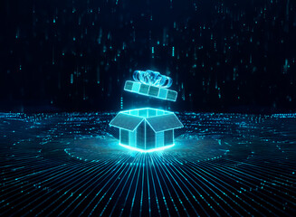 A glowing blue gift box, adorned with a ribbon, opens in a dark digital cyberspace. Neon lines stream around the box, creating a futuristic and technological feel.