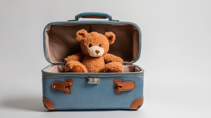 A cozy teddy bear sits comfortably in a classic blue suitcase, ready for adventure or travel
