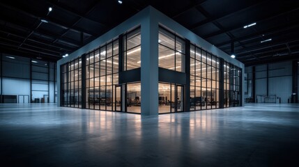 "A high-tech industrial building with large glass windows and modern steel structures,