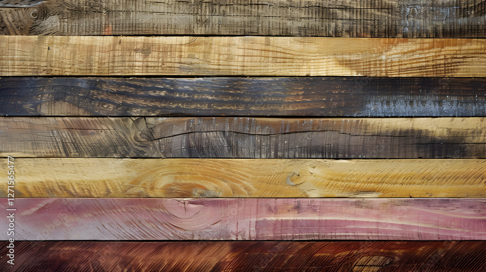 Poster close-up of various wooden planks showcasing different textures and colors in a workshop setting
