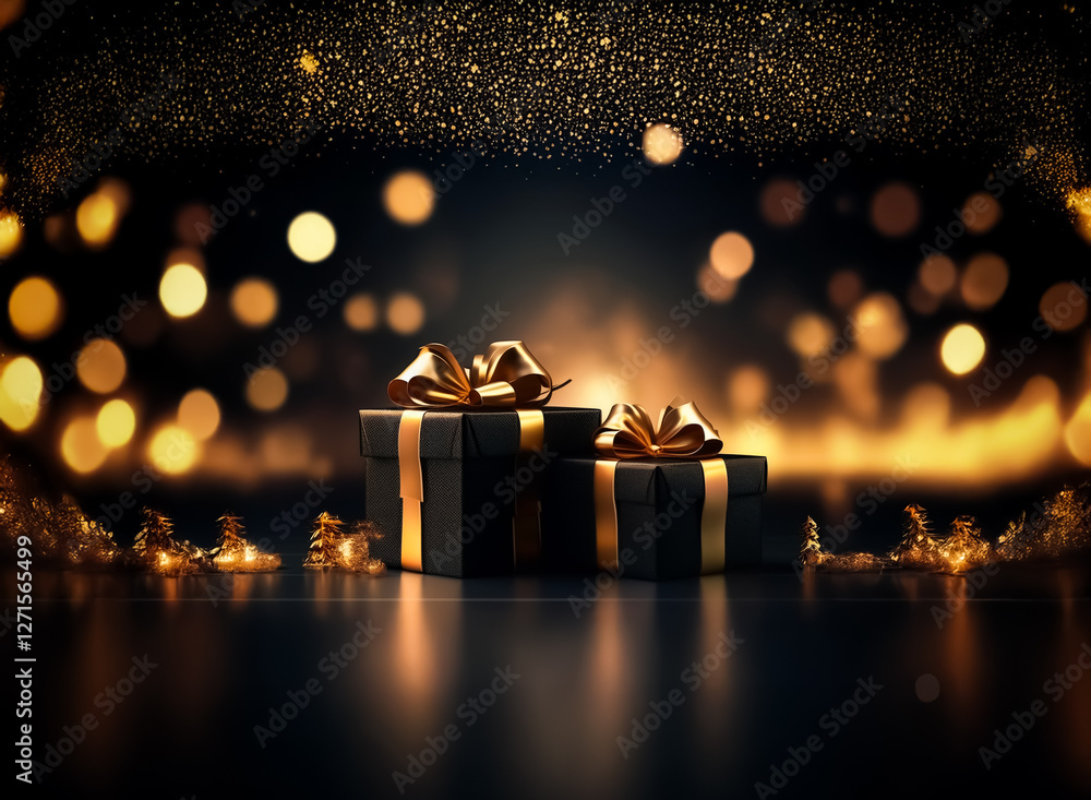 Poster elegant dark gift boxes with golden ribbons are placed on a reflective surface, illuminated by bokeh