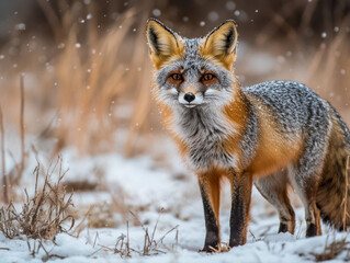 Fototapeta premium Gray Fox Stands Alert in Snowy Landscape Amid Gentle Falling Snowflakes