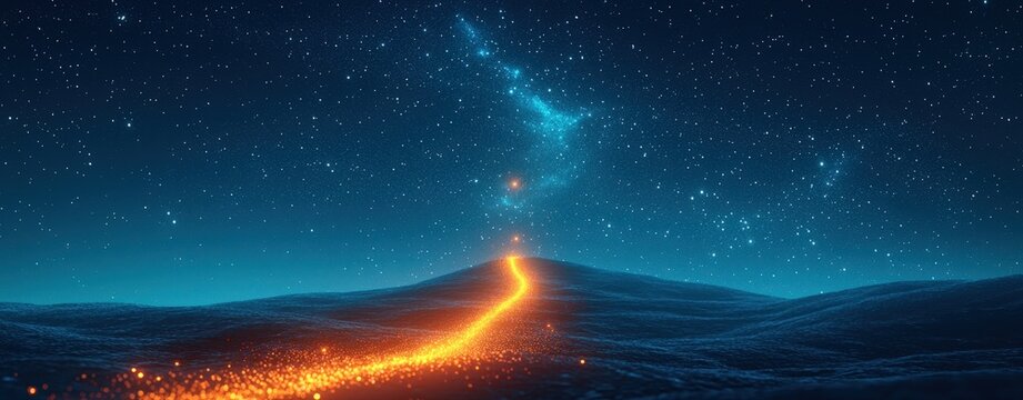 Illuminating Pathway Under Starry Sky with Glowing Particles and Cosmic Background