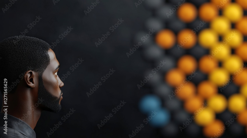 Poster Profile View of a Thoughtful Man Against a Colorful Abstract Background with Geometric Patterns and Shapes