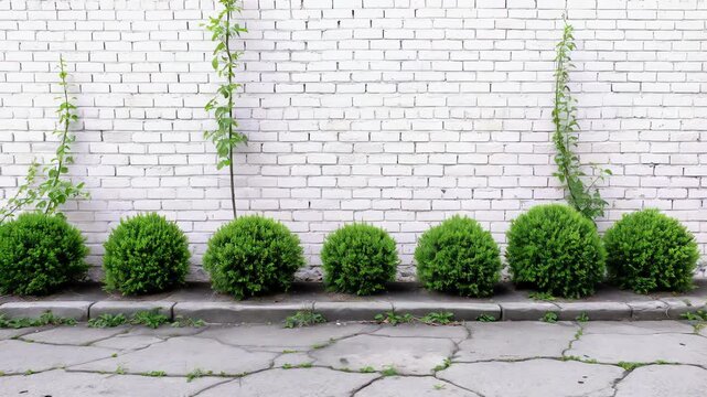 Neatly trimmed boxwood spheres bordering white brick wall, green climbing vine enhancing architectural landscape with sophisticated garden styling