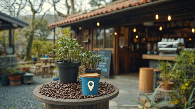 Coffee beans are artistically arranged into geolocation symbol on small round table in cozy outdoor cafe. European style coffee shop outdoor seating adds charm atmosphere.