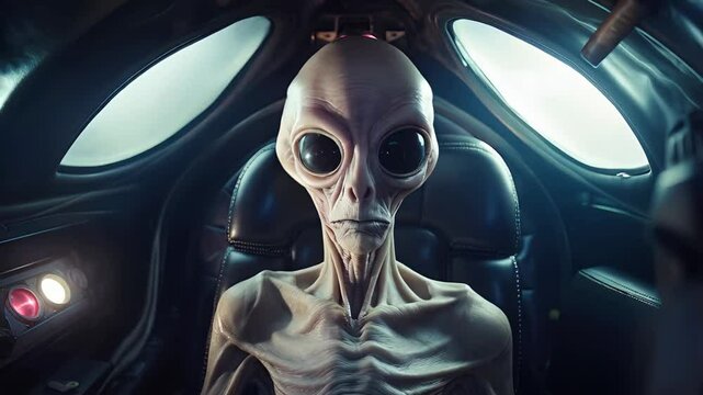 Extraterrestrial navigator with oversized eyes, grayish complexion, navigating spaceship interior, scanning dark control panel during interstellar expedition