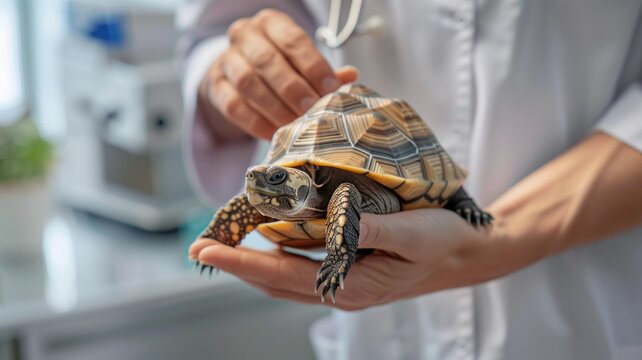 Veterinarian examining turtle in modern pet clinic,World Turtle Day