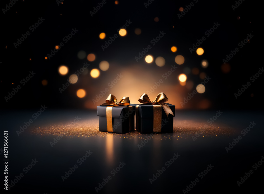 Poster elegant gift boxes with golden ribbons gleam against a dark backdrop sprinkled with soft bokeh light