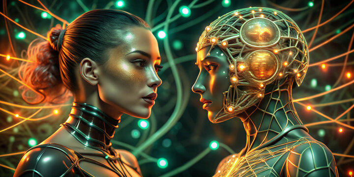 Cybernetic Human and AI Robot Face-to-Face in a Futuristic Digital World.