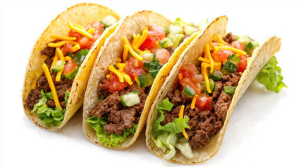 Tacos filled with beef, cheese, lettuce, and salsa