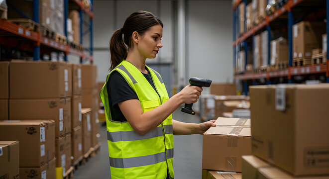 Warehouse worker scanning barcode on box, Woman using barcode scanner in logistics center, Generative AI image - Powered by Adobe