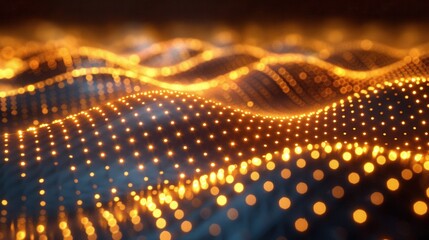 Abstract visualization of glowing waves with orange dots on a dark background, creating a dynamic flow