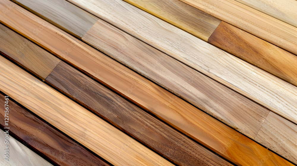 Poster close-up view of various wood planks arranged in a diagonal pattern showcasing different tones and t
