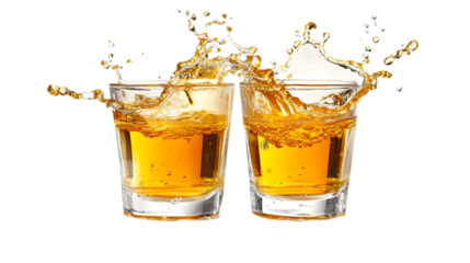 Tequila shot glasses making a toast with splash, transparent background, clipping path  -  