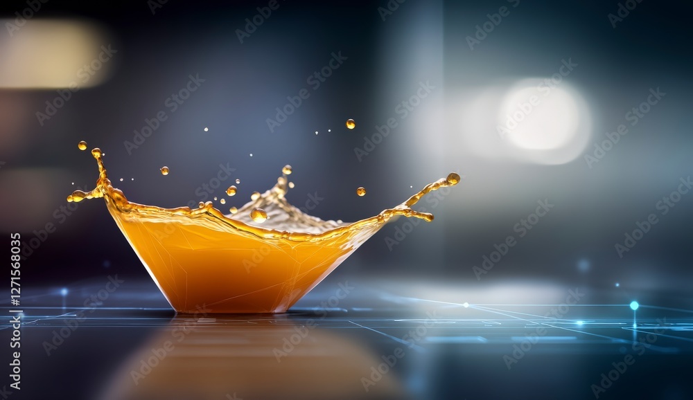 Poster vibrant splash of orange liquid creating dynamic motion effect against soft blurred background