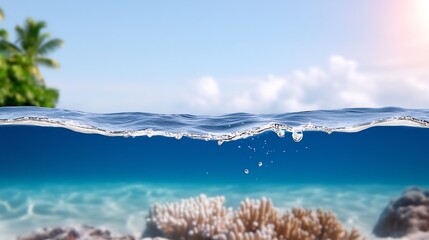 Ocean waves gently crash over vibrant coral reef under sunny skies. AI Generated