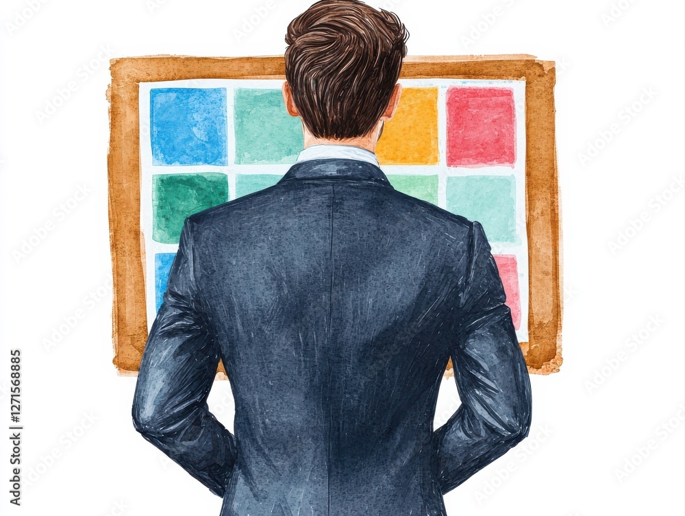 Poster a man in a suit observes a colorful grid of squares, reflecting on choices or decisions in a profess