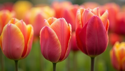 Fototapeta premium Close-up of vibrant tulips in full bloom. Spring-themed projects, gardening blogs, floral advertisements, and nature-related content.