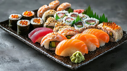 A beautifully arranged sushi platter with wasabi and ginger